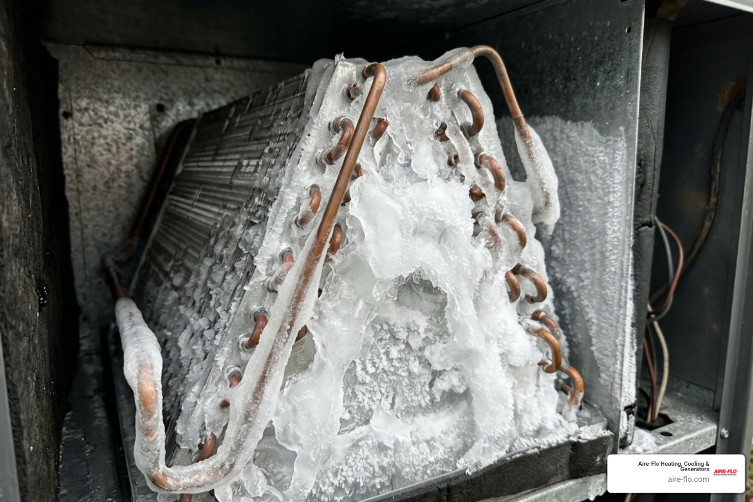 frozen AC evaporator coil showing heavy ice buildup on copper tubing frozen AC evaporator coil showing heavy ice buildup on copper tubing