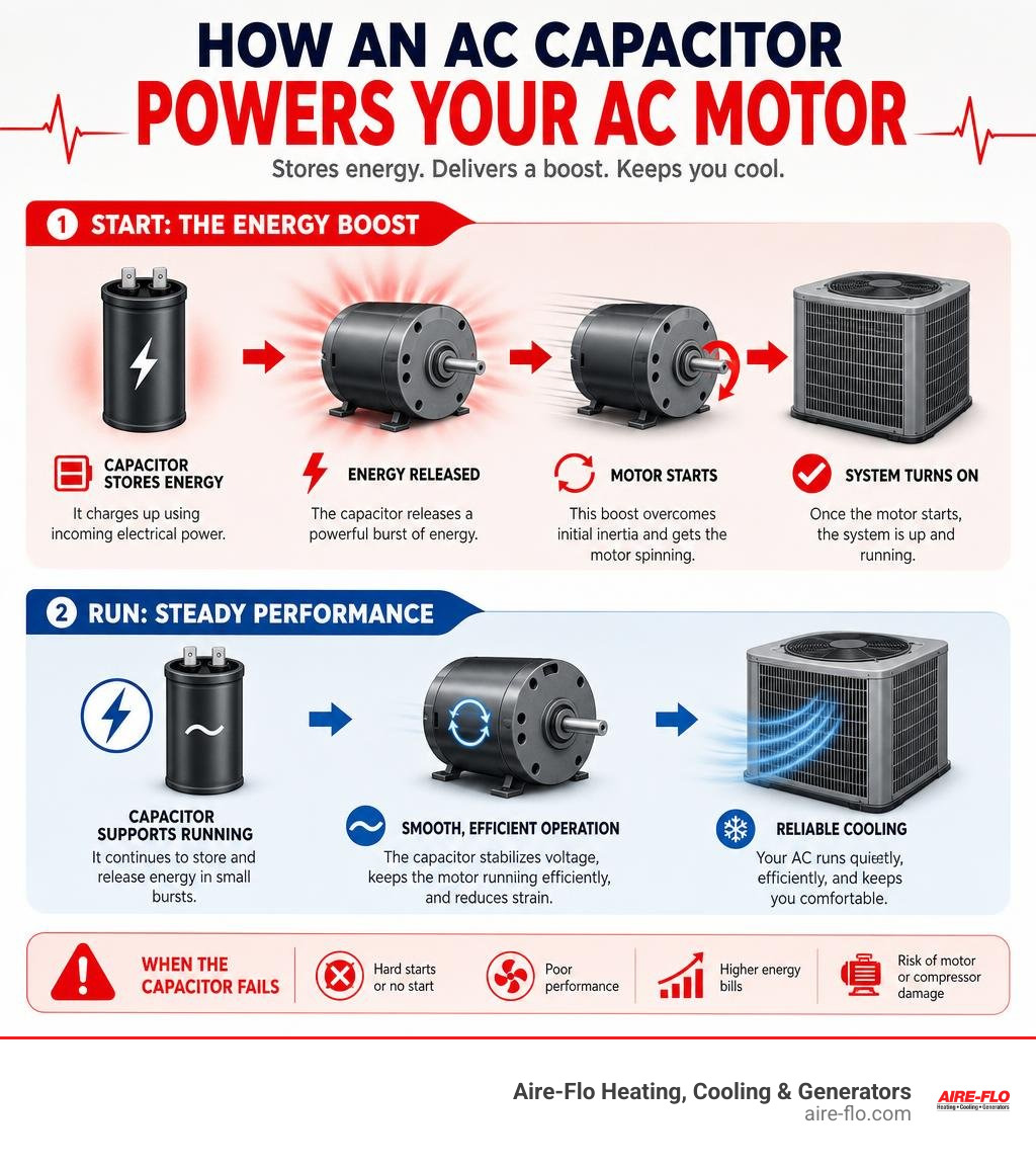 Infographic showing how an AC capacitor stores and releases energy to start and run AC motors infographic Infographic showing how an AC capacitor stores and releases energy to start and run AC motors infographic