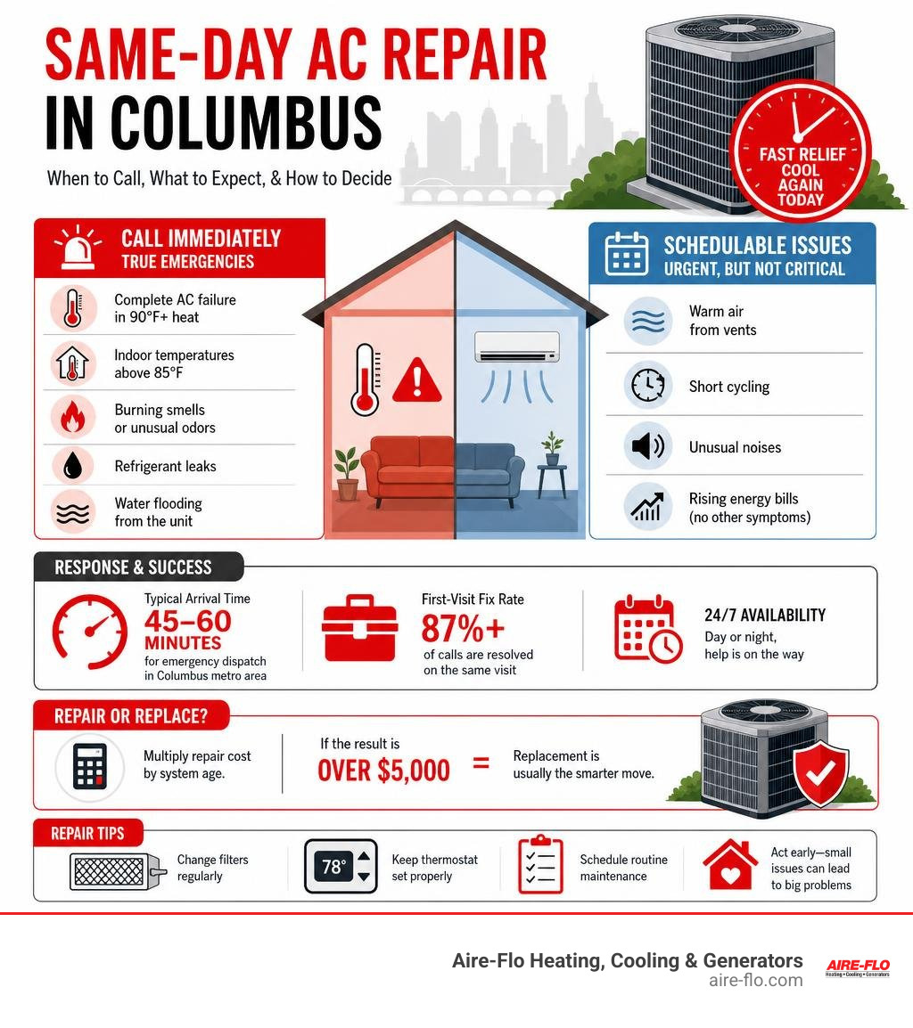 Infographic showing when to call for same-day AC repair in Columbus: emergencies vs. schedulable issues, response times, and