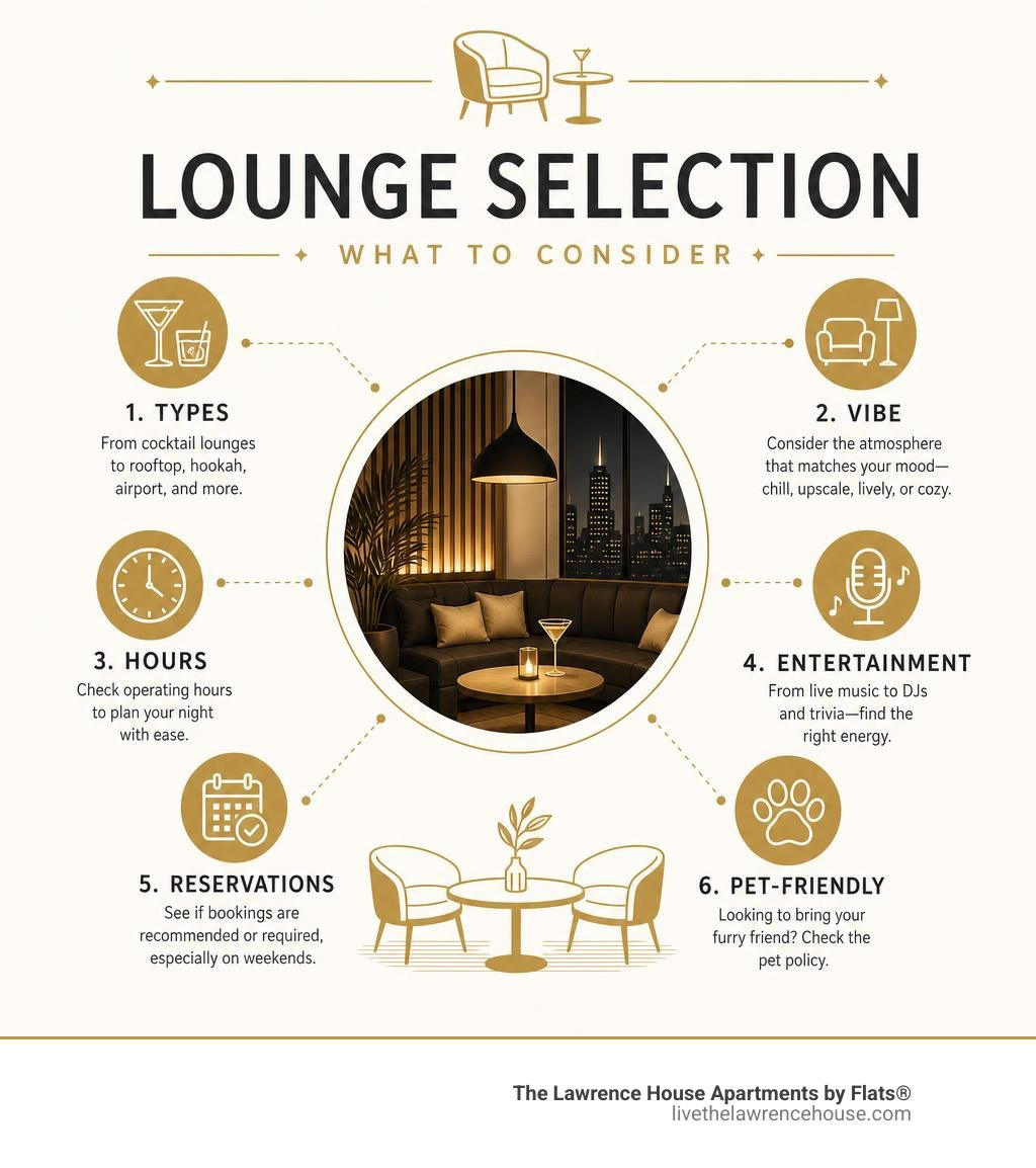 Lounge selection criteria infographic: types, vibe, hours, entertainment, reservations, and pet-friendly options infographic