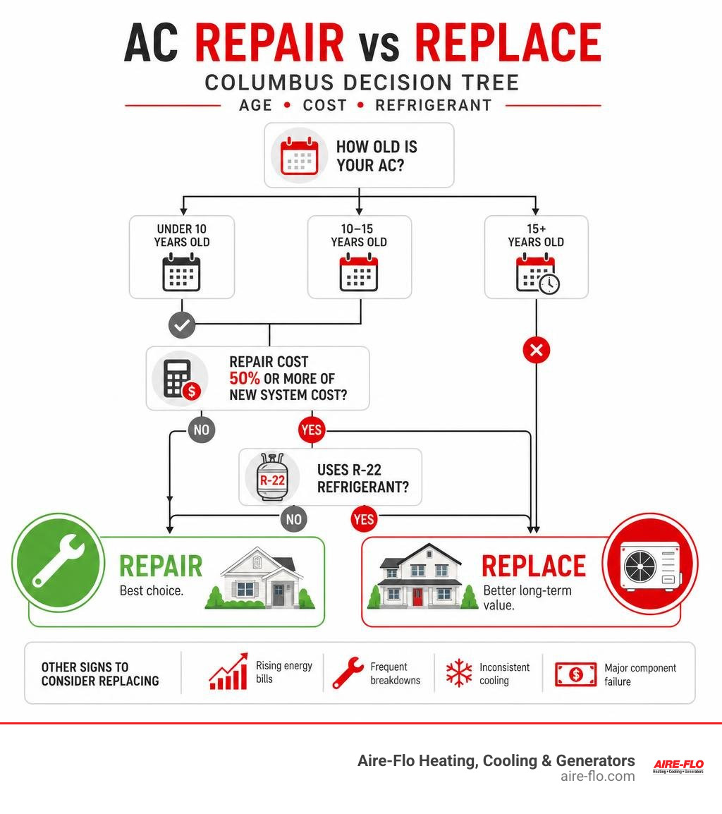 AC repair vs replace Columbus decision tree infographic with age, cost, and refrigerant factors infographic