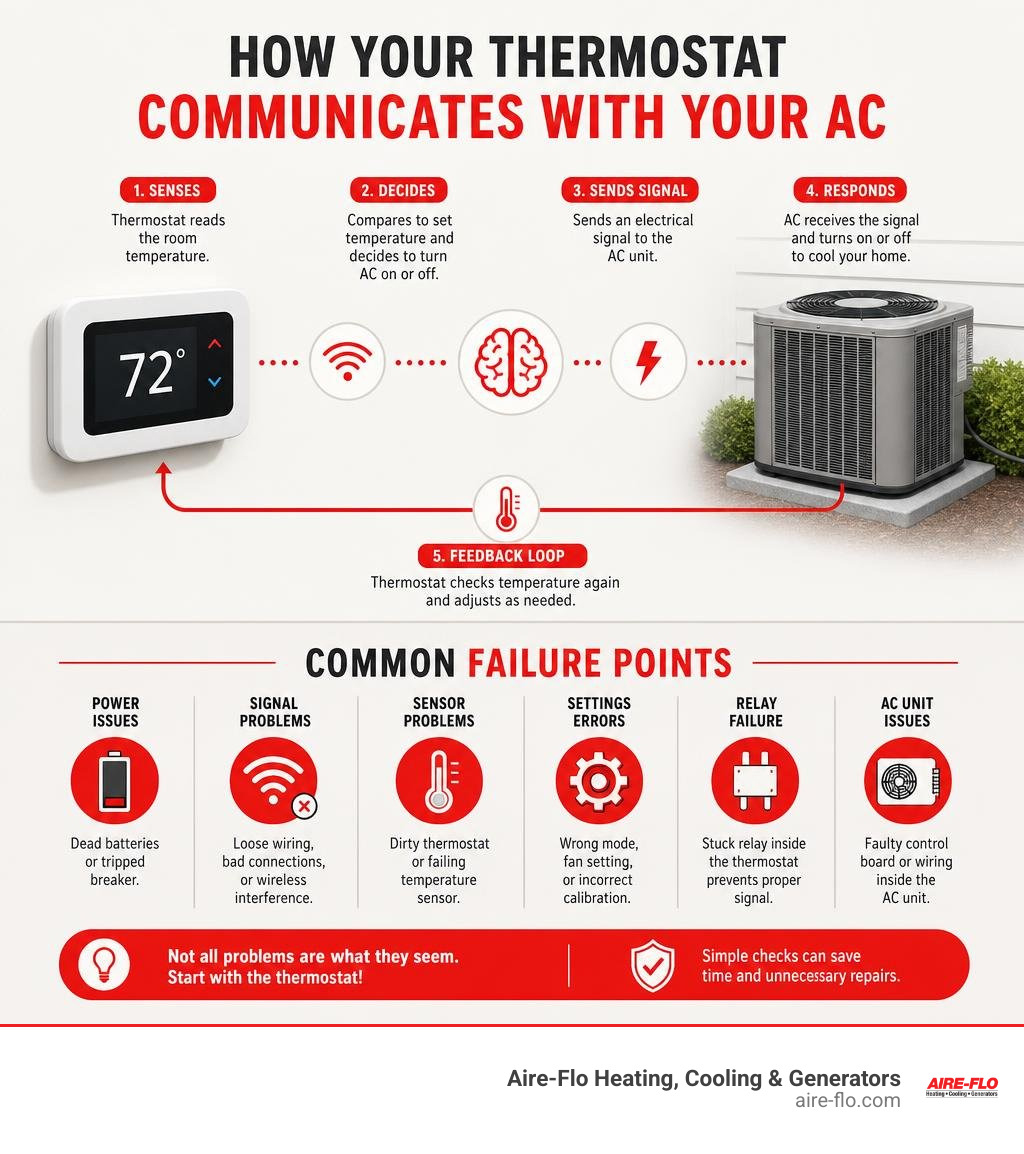 Infographic showing how a thermostat communicates with an AC unit and common failure points infographic