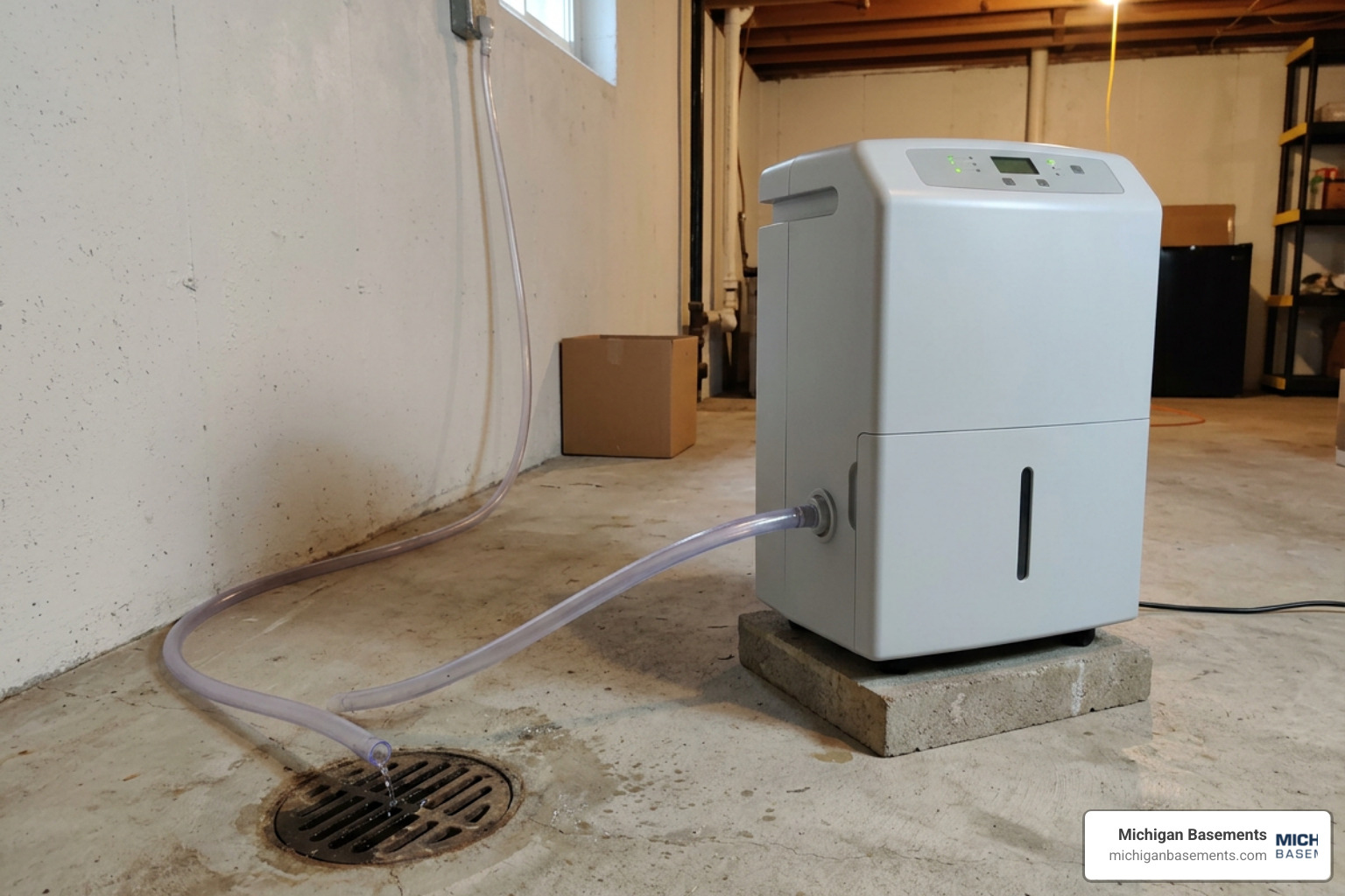 Dehumidifier with continuous drain hose setup routed to a basement floor drain