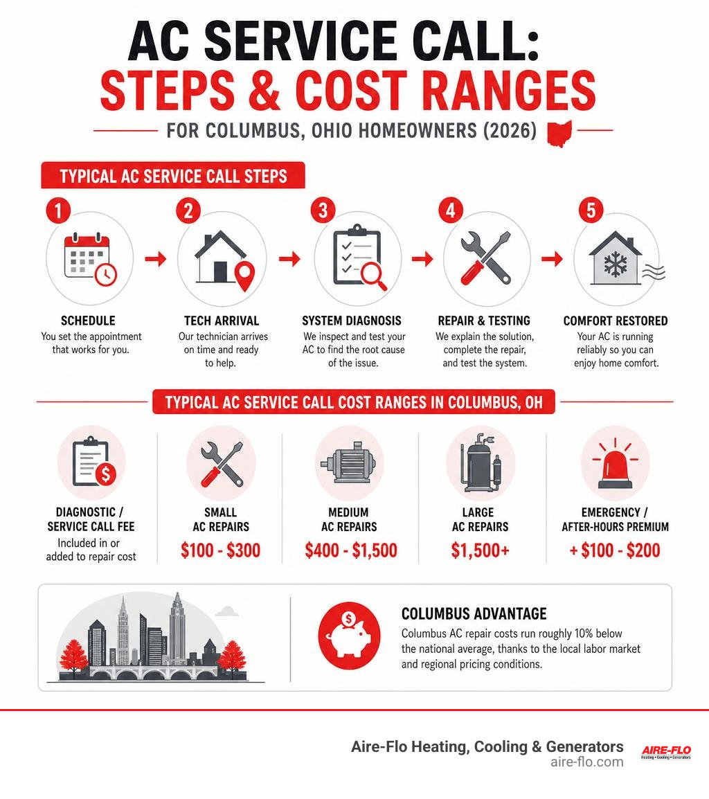 Infographic showing typical AC service call steps and cost ranges for Columbus Ohio homeowners infographic Infographic showing typical AC service call steps and cost ranges for Columbus Ohio homeowners infographic