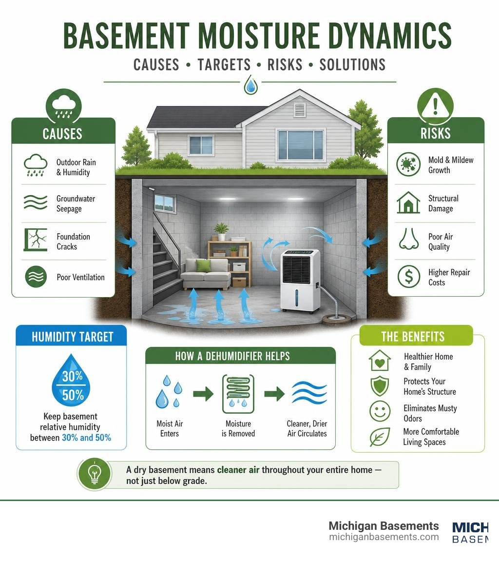 Basement moisture dynamics infographic showing causes, humidity targets, risks, and dehumidifier solutions infographic