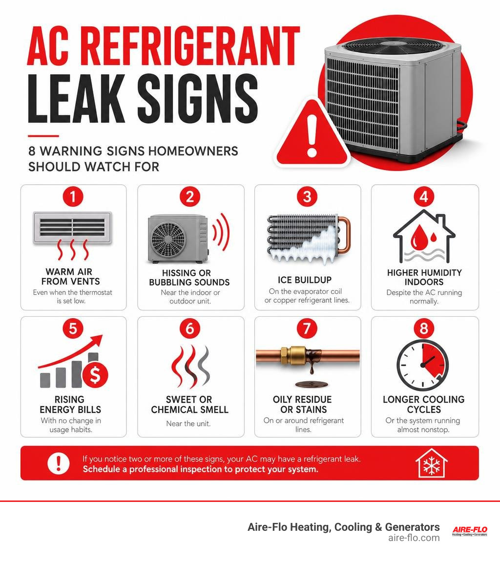 AC refrigerant leak signs infographic showing 8 warning signs homeowners should watch for infographic