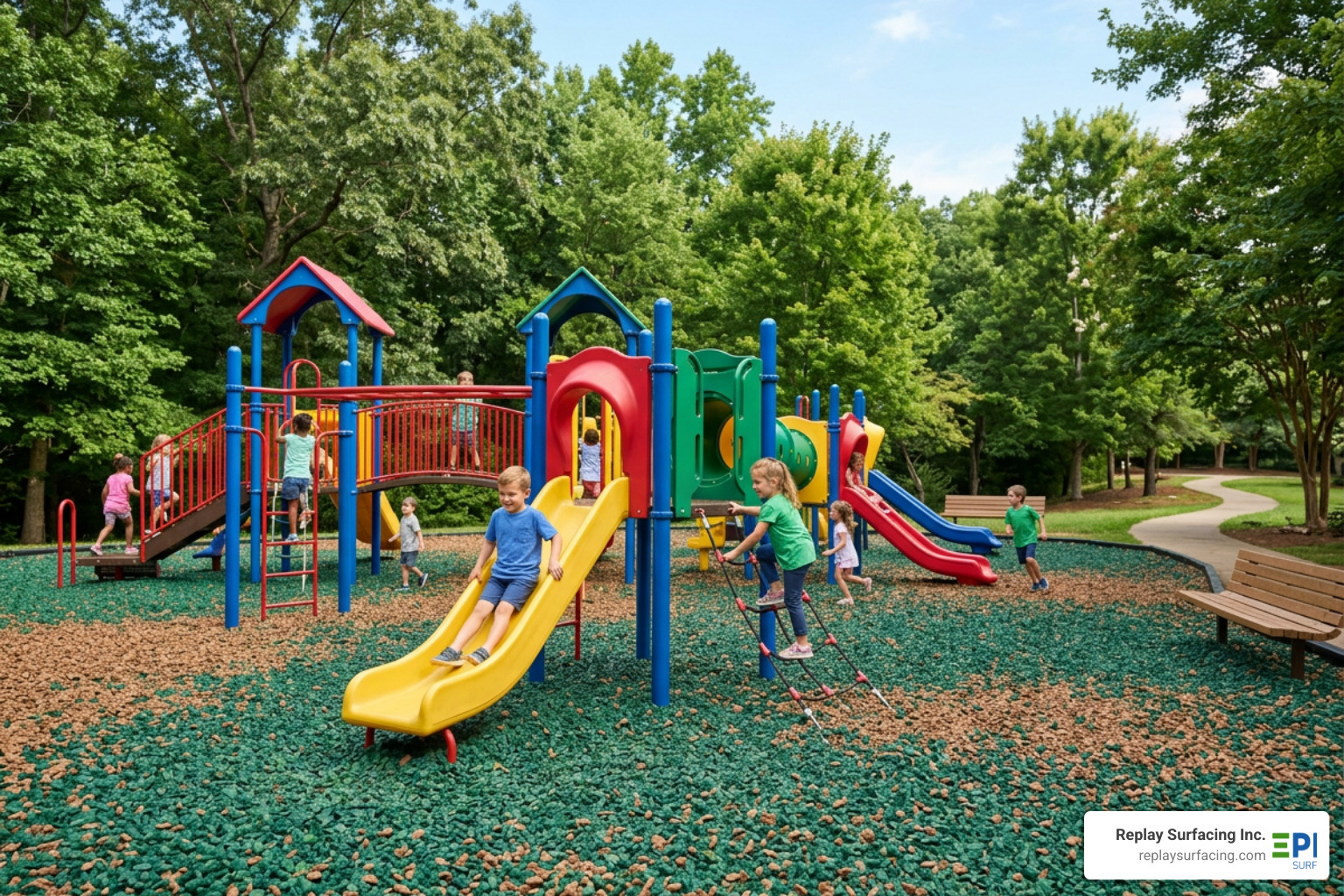 A colorful playground rubber mulch installation in Charlotte, NC featuring vibrant green and brown nuggets