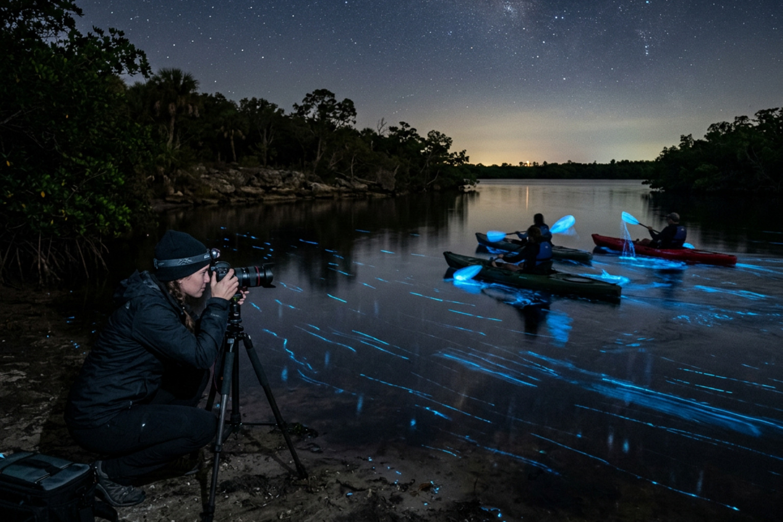 photographer capturing bioluminescent kayaking with long exposure