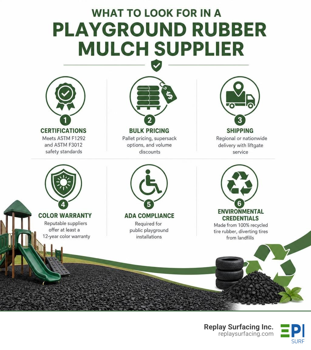 Infographic showing key criteria for choosing a playground rubber mulch supplier including certifications, bulk pricing, and