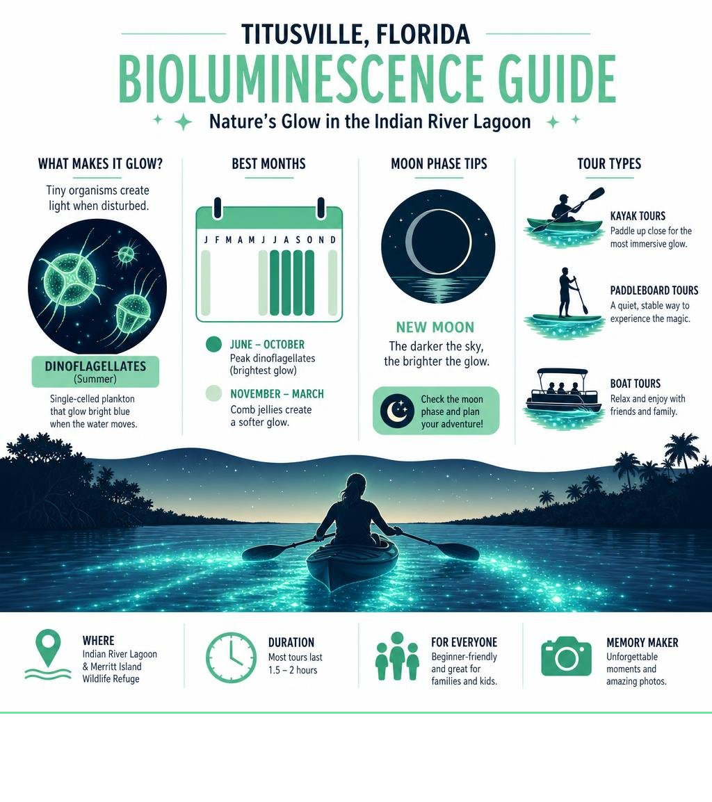 Infographic showing dinoflagellates glowing, best months, moon phase tips, and tour types for Titusville bioluminescence Infographic showing dinoflagellates glowing, best months, moon phase tips, and tour types for Titusville bioluminescence