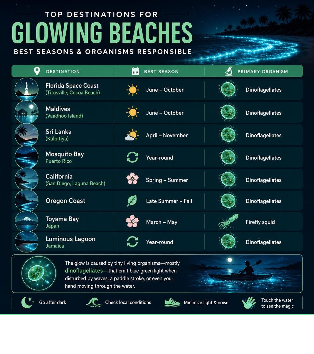 infographic showing top glowing beach destinations, best seasons, and organisms responsible worldwide infographic