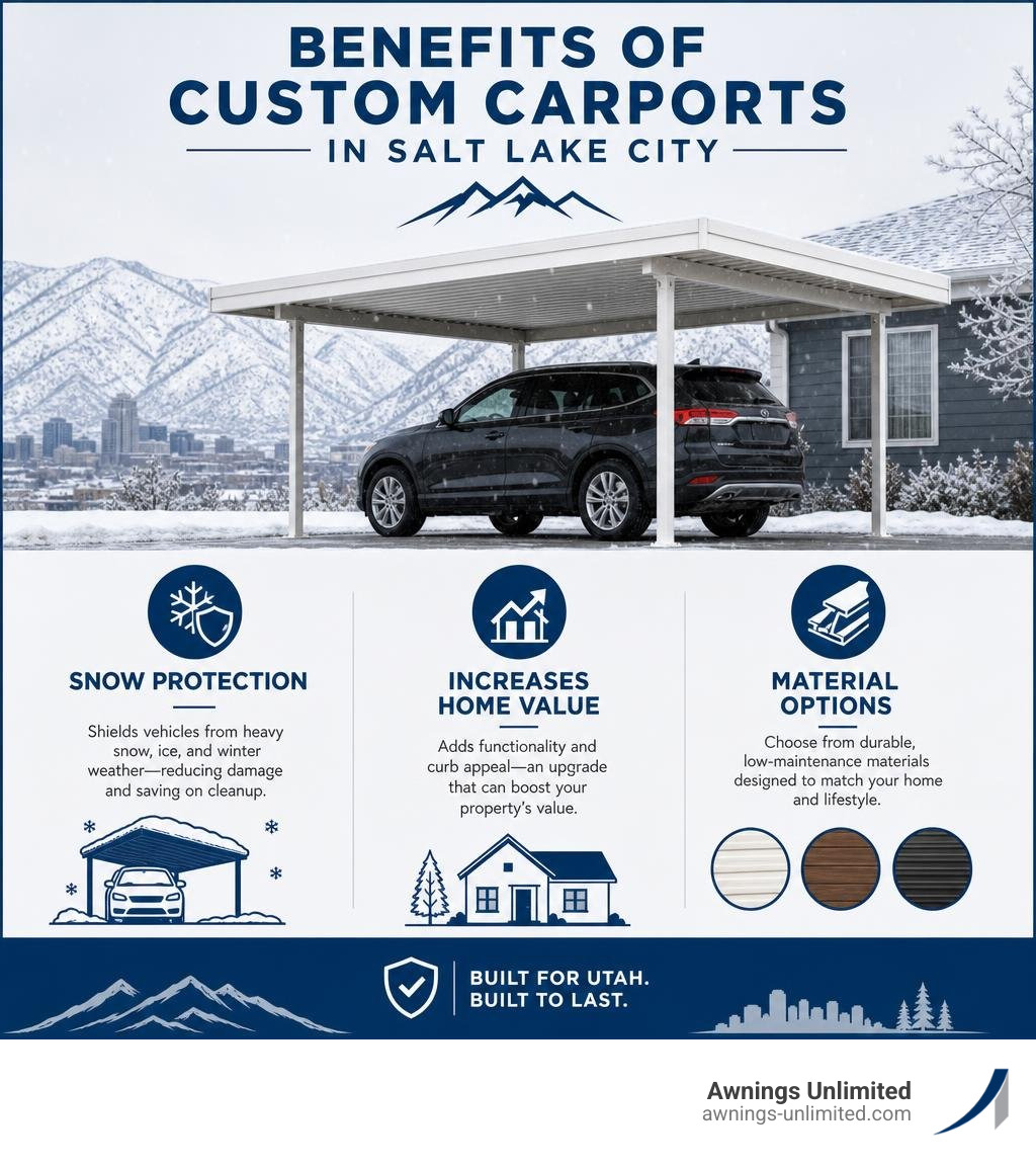 Benefits of custom carports in Salt Lake City including snow protection, home value, and material options infographic Benefits of custom carports in Salt Lake City including snow protection, home value, and material options infographic