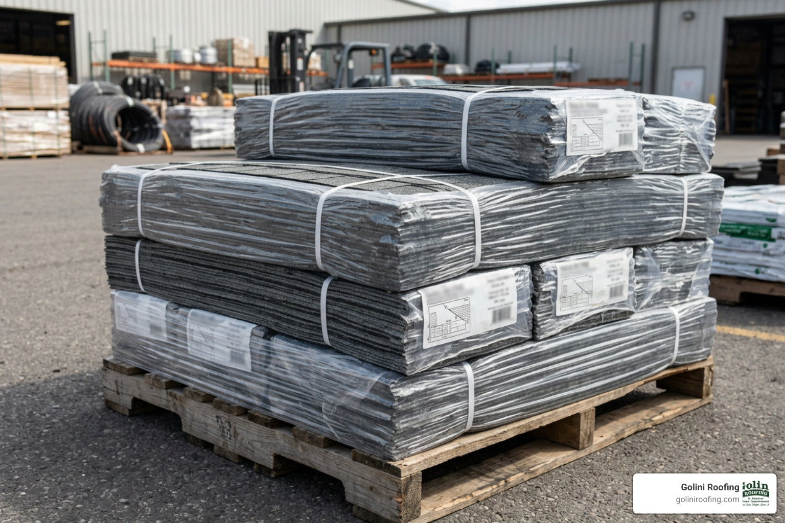 architectural shingle bundles stacked on a pallet architectural shingle bundles stacked on a pallet