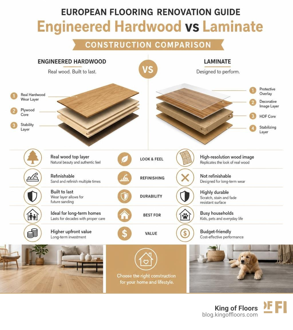 European flooring renovation guide engineered hardwood vs laminate construction comparison infographic infographic European flooring renovation guide engineered hardwood vs laminate construction comparison infographic infographic