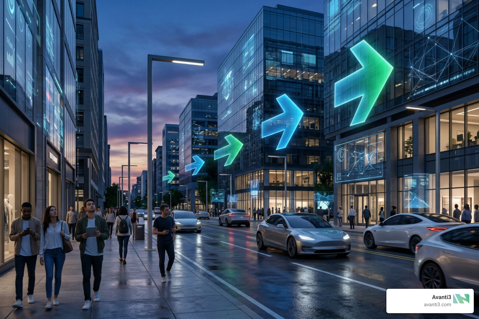 futuristic city street overlaid with geospatial AR navigation