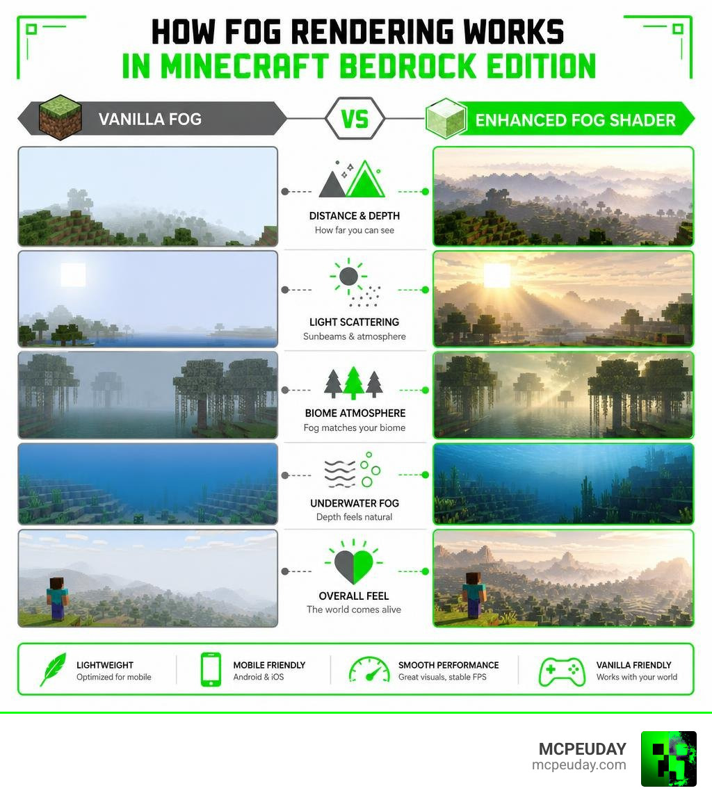 How fog rendering works in Minecraft Bedrock Edition — vanilla vs Enhanced Fog Shader comparison infographic How fog rendering works in Minecraft Bedrock Edition — vanilla vs Enhanced Fog Shader comparison infographic