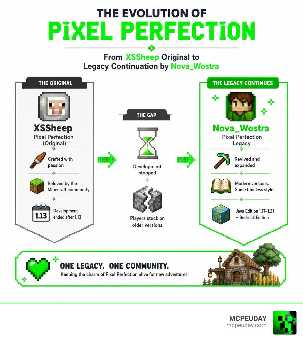 Infographic showing the evolution of Pixel Perfection from XSSheep original to Legacy continuation by Nova_Wostra infographic