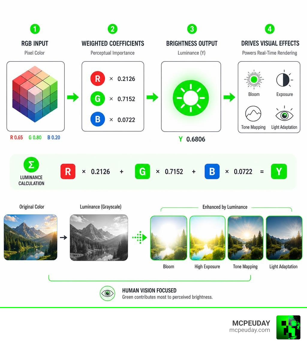 Luminance shader calculation flow: RGB input, weighted coefficients, brightness output, visual effects infographic Luminance shader calculation flow: RGB input, weighted coefficients, brightness output, visual effects infographic