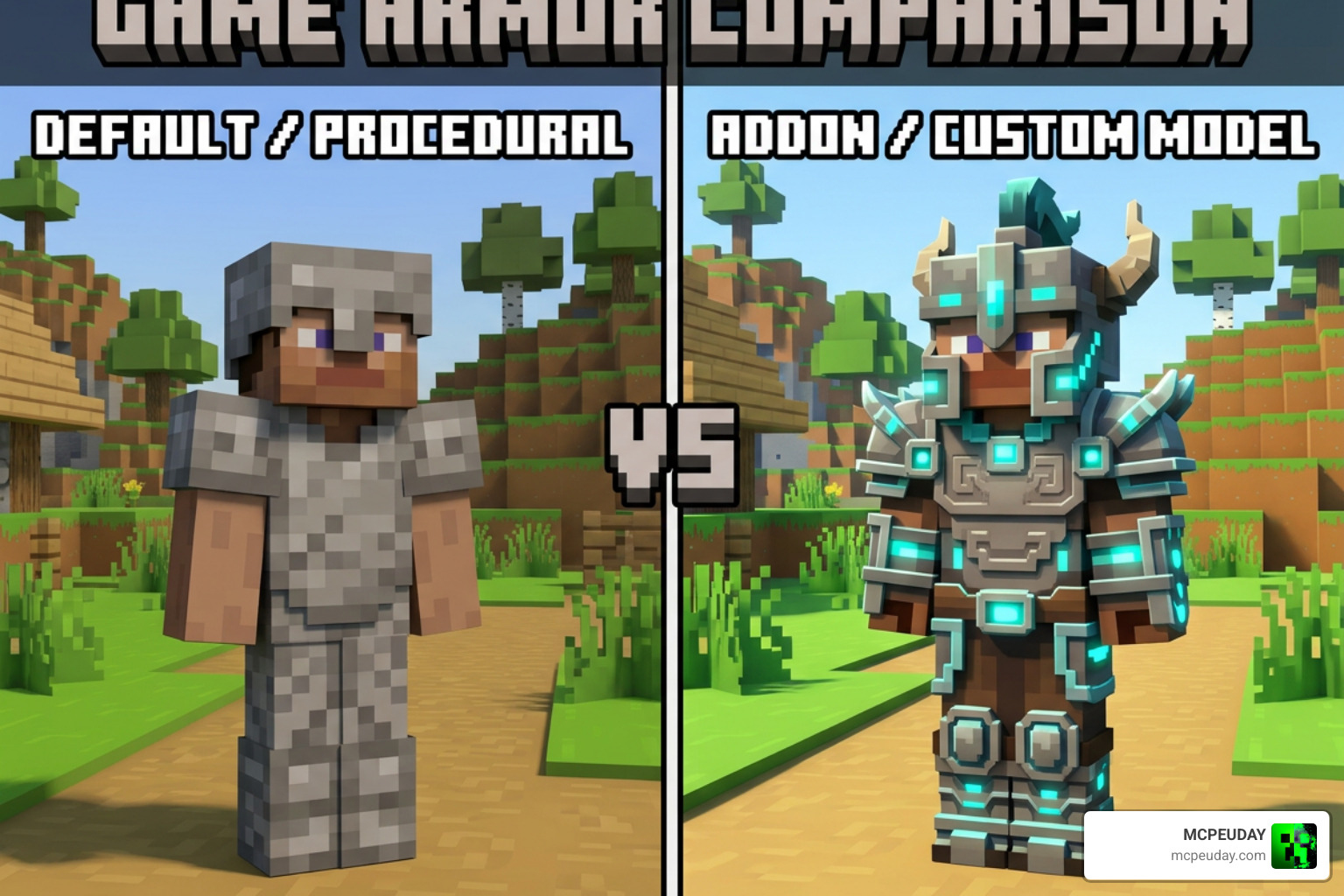 Comparison image highlighting the visual differences between Java procedural textures and Bedrock custom models