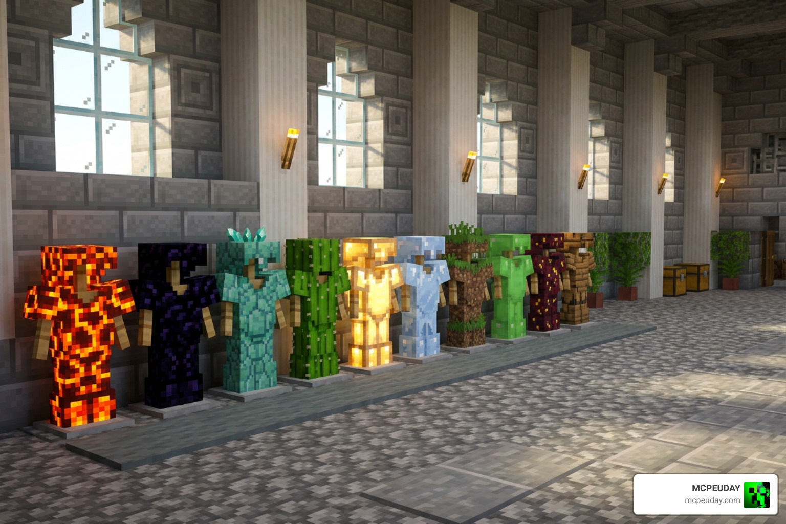 A showcase of diverse block-based armor sets standing in a row
