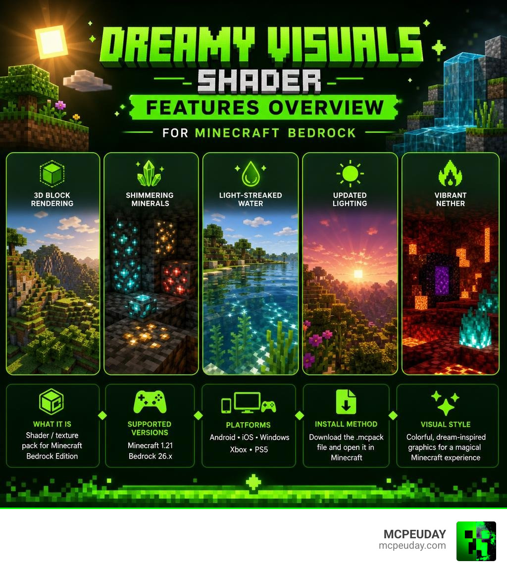 Dreamy Visuals Shader features overview infographic for Minecraft Bedrock infographic