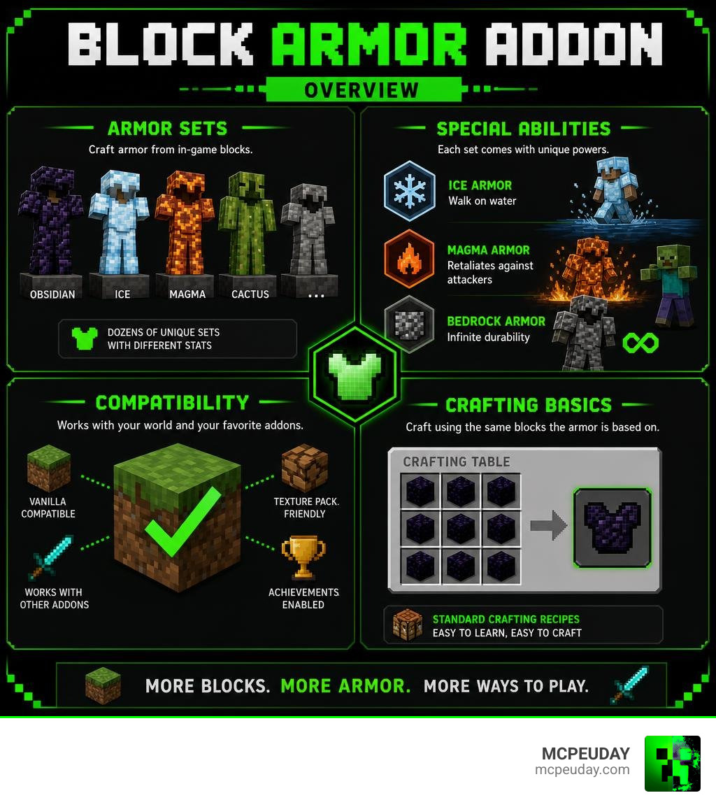 Block Armor Addon overview infographic: armor sets, special abilities, compatibility, and crafting basics infographic