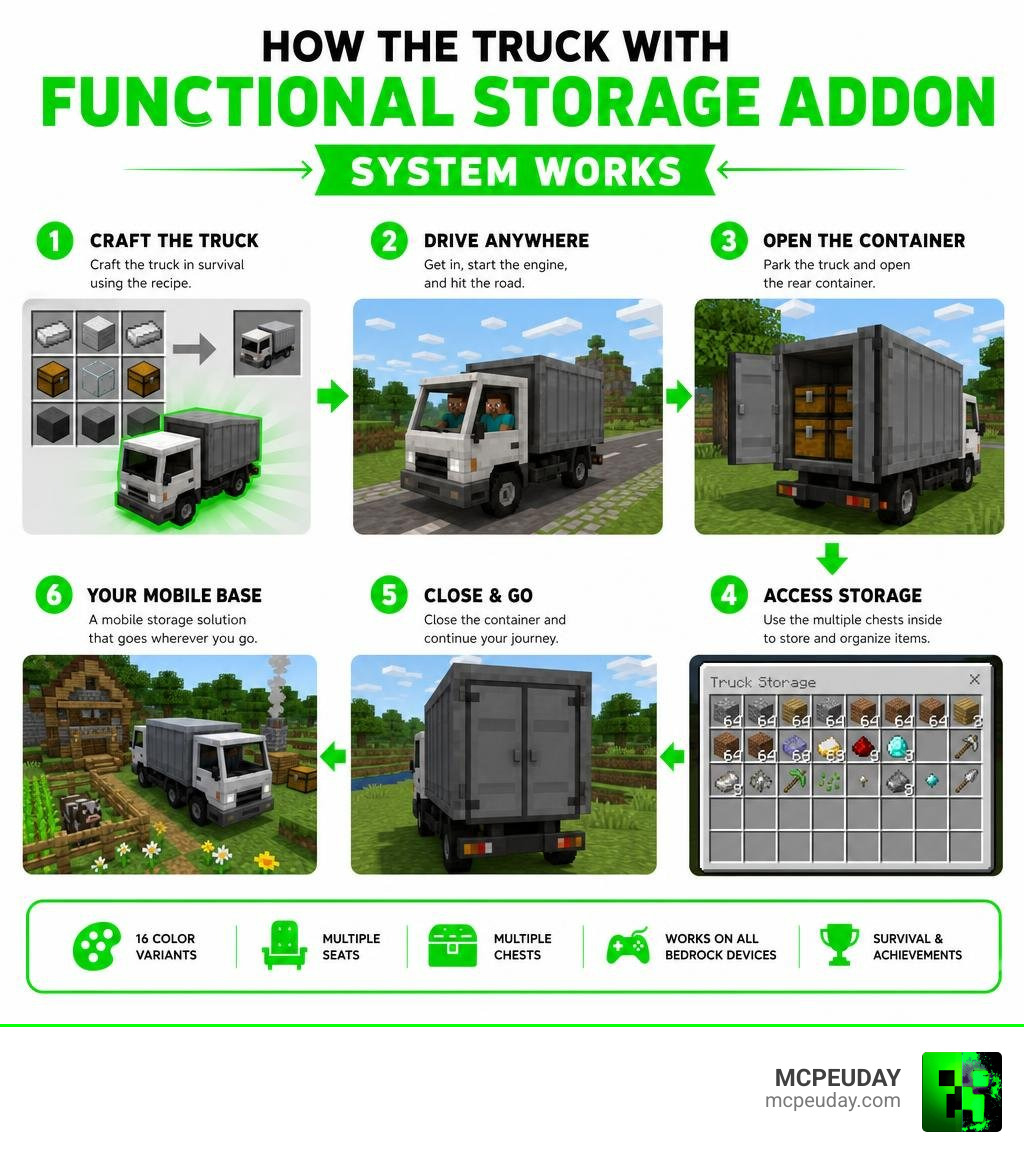 How the Truck with Functional Storage Addon system works in Minecraft Bedrock infographic