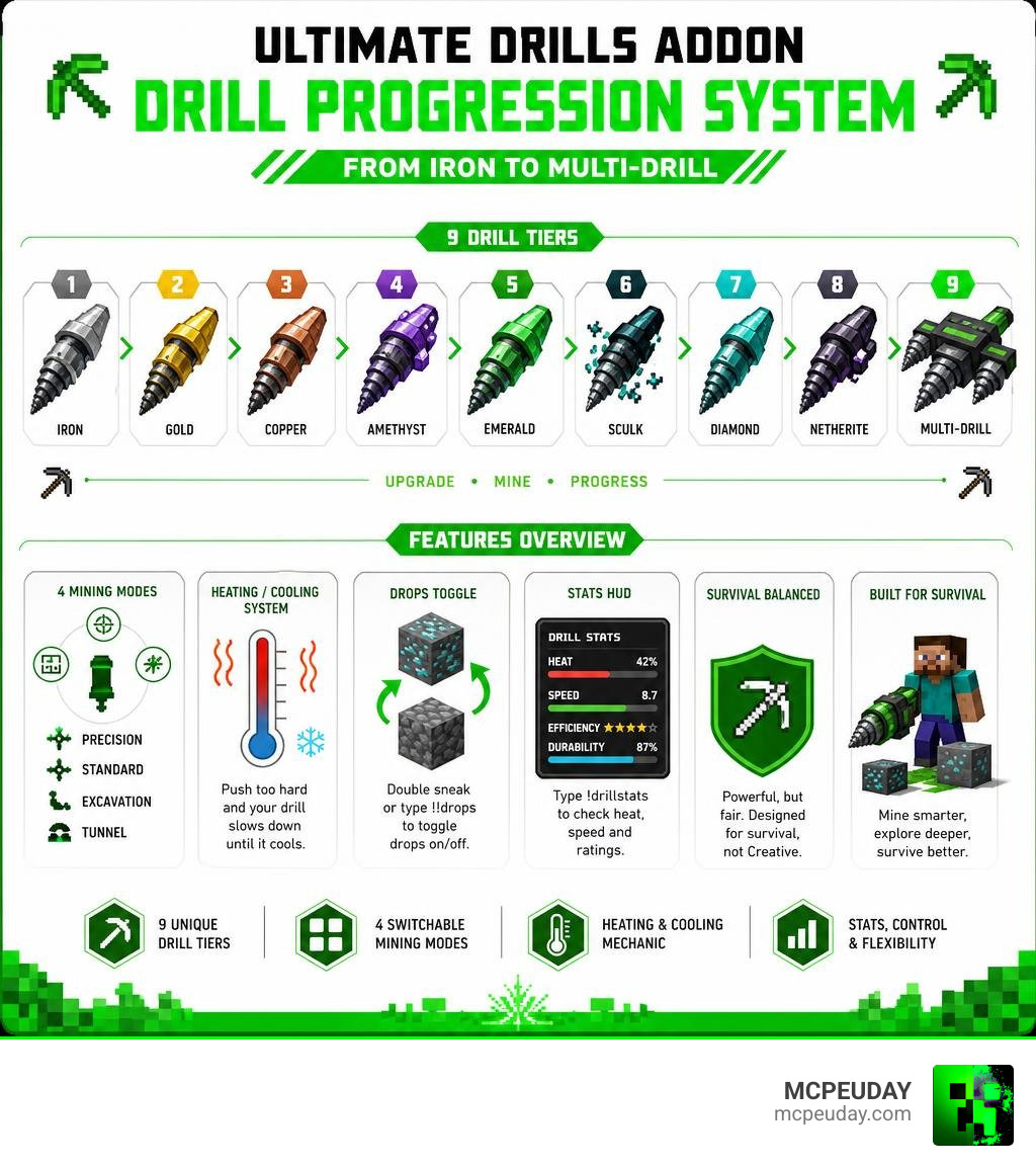 Ultimate Drills Addon drill progression system from Iron to Multi-Drill with features overview infographic