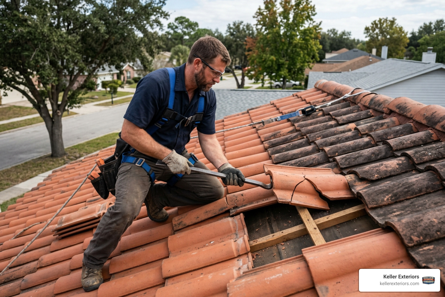 Replacing a cracked roof tile with a pry bar Replacing a cracked roof tile with a pry bar