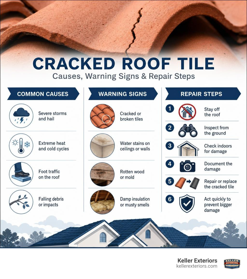 Infographic showing causes, warning signs, and repair steps for a cracked roof tile infographic Infographic showing causes, warning signs, and repair steps for a cracked roof tile infographic