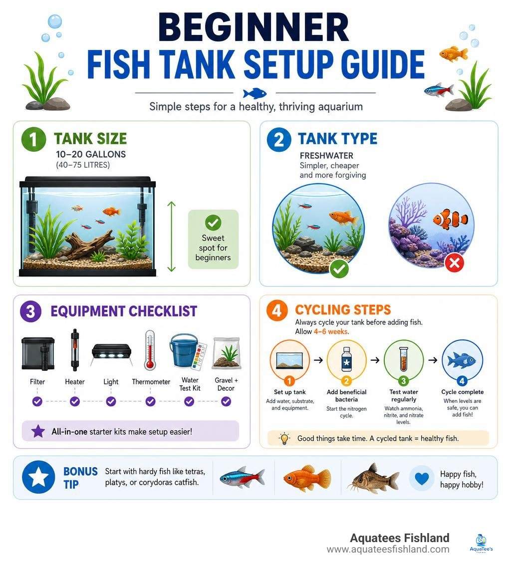 Beginner fish tank setup guide infographic showing tank size, type, equipment checklist, and cycling steps infographic