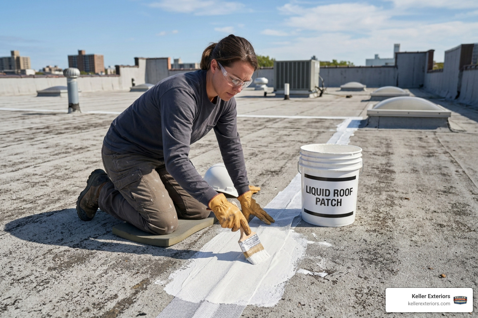 Applying a liquid roof patch with a brush using the three-course method