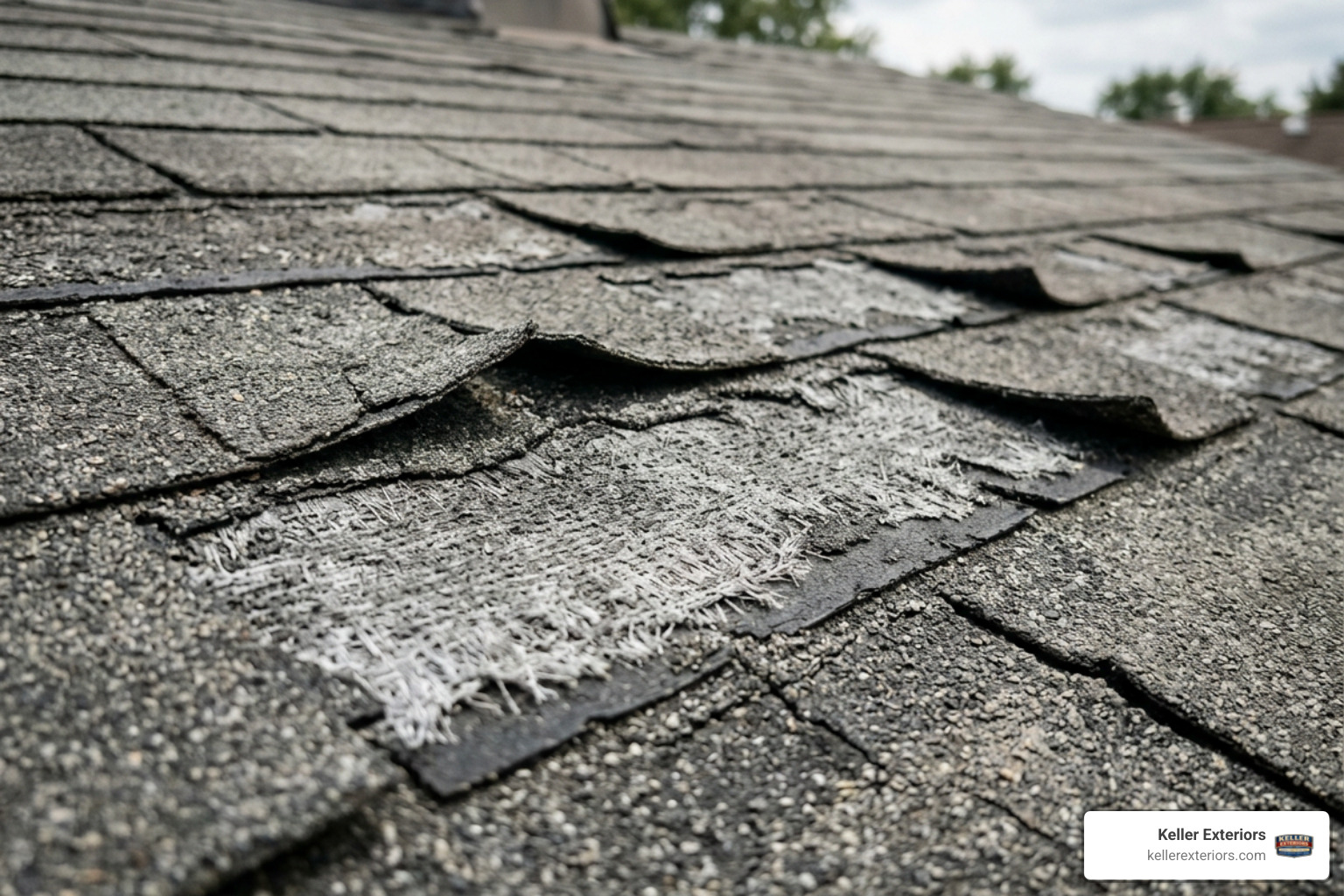 damaged asphalt shingles with severe granule loss and curling edges
