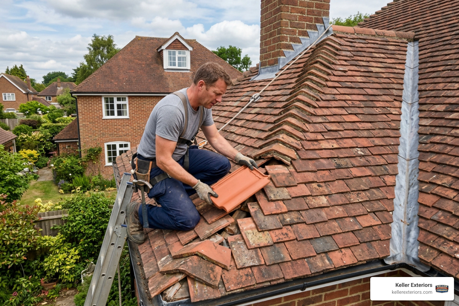 professional roofer replacing clay tile on a residential home
