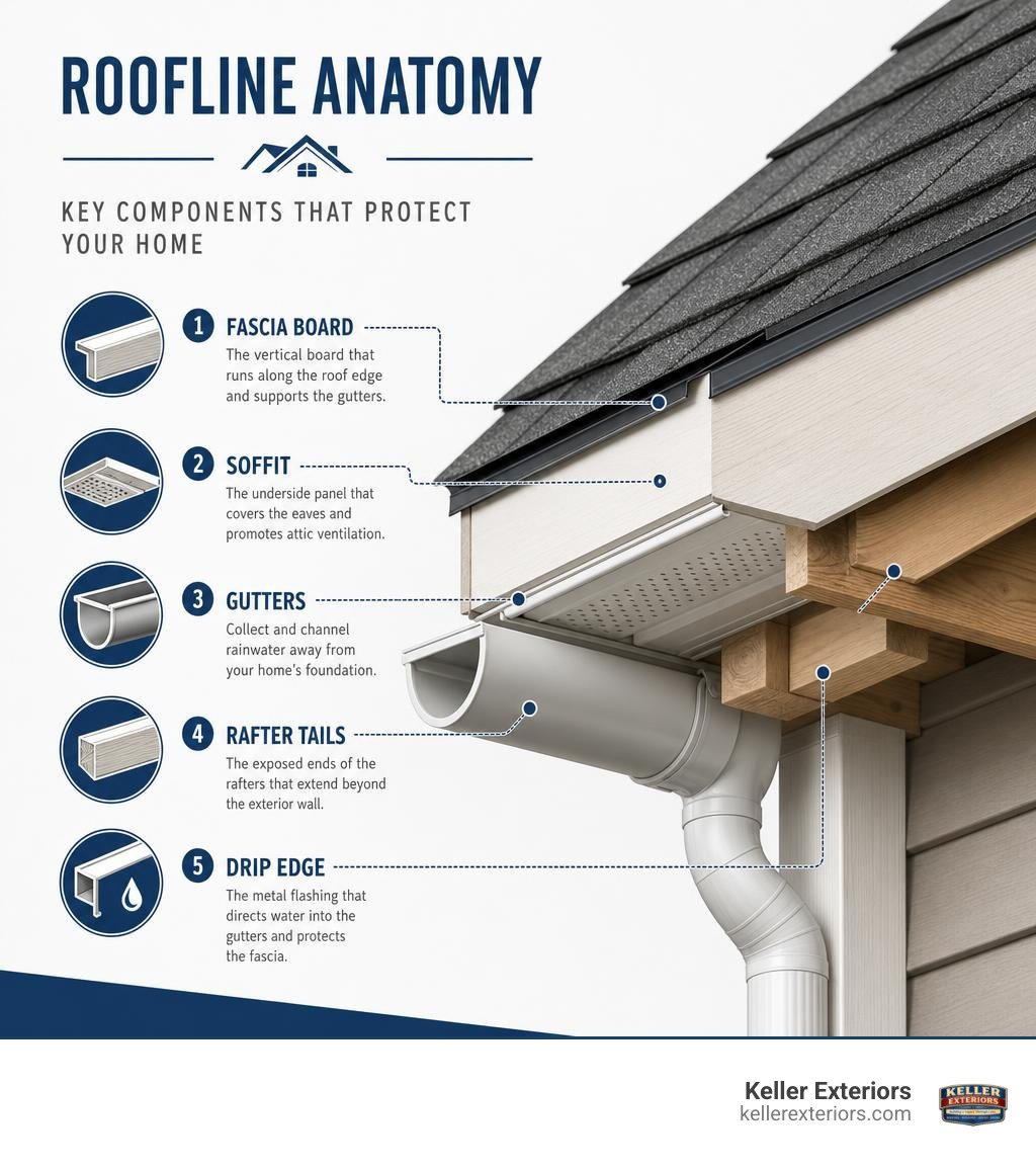 Roofline anatomy infographic showing fascia board, soffit, gutters, rafter tails, and drip edge infographic