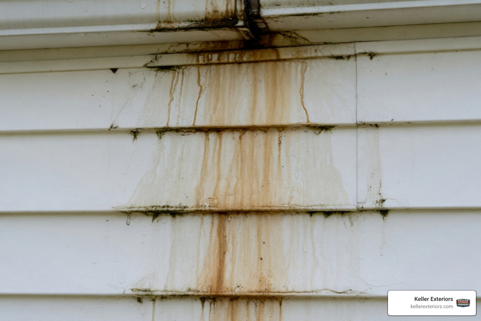 Water stains on home siding caused by a leaking gutter joint