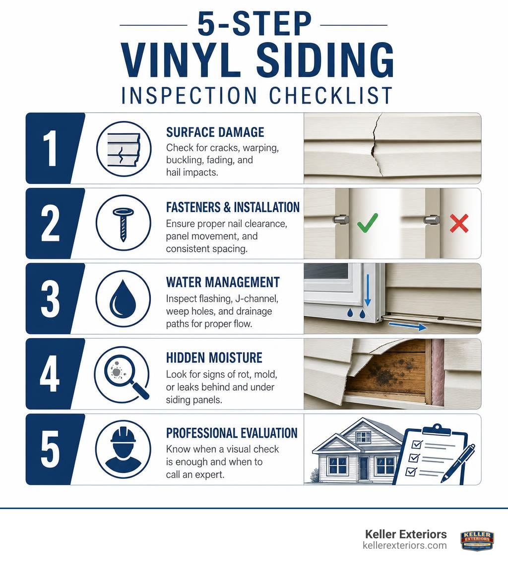 5-step vinyl siding inspection checklist infographic covering surface damage, fasteners, water management, hidden moisture 5-step vinyl siding inspection checklist infographic covering surface damage, fasteners, water management, hidden moisture
