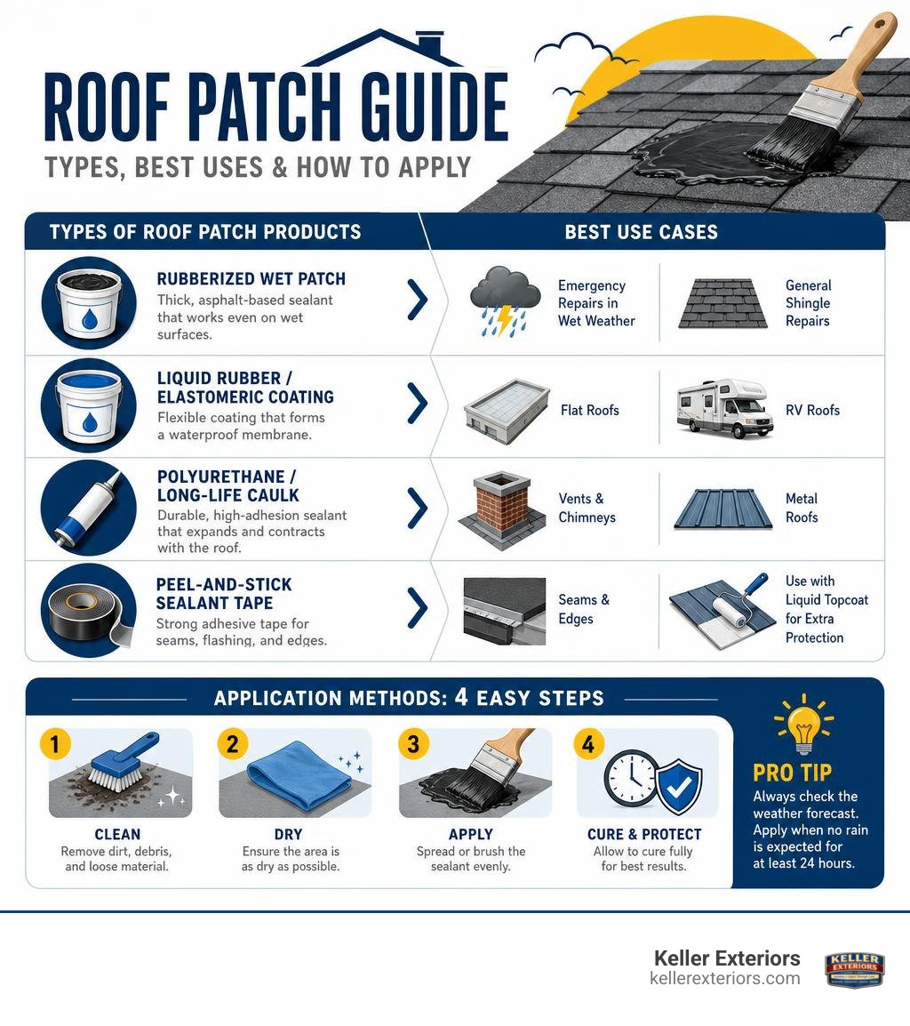 Types of roof patch products, best use cases, and application methods infographic infographic