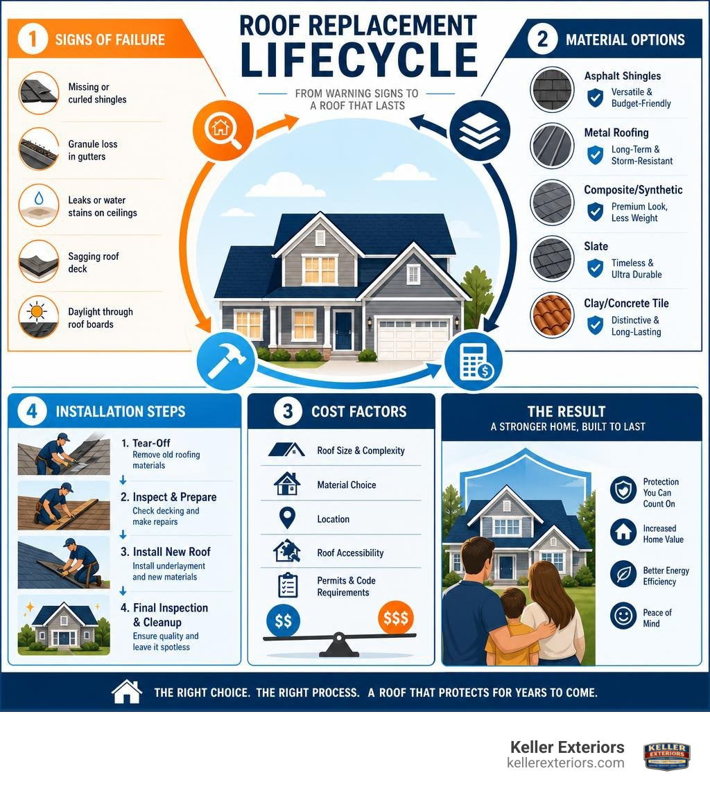 Roof replacement lifecycle infographic showing signs of failure, material options, cost factors, and installation steps