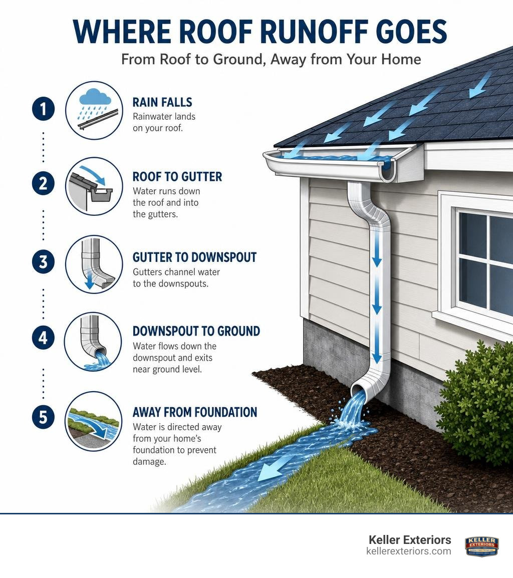 Infographic showing how roof runoff flows through gutters downspouts and away from a home's foundation infographic Infographic showing how roof runoff flows through gutters downspouts and away from a home's foundation infographic