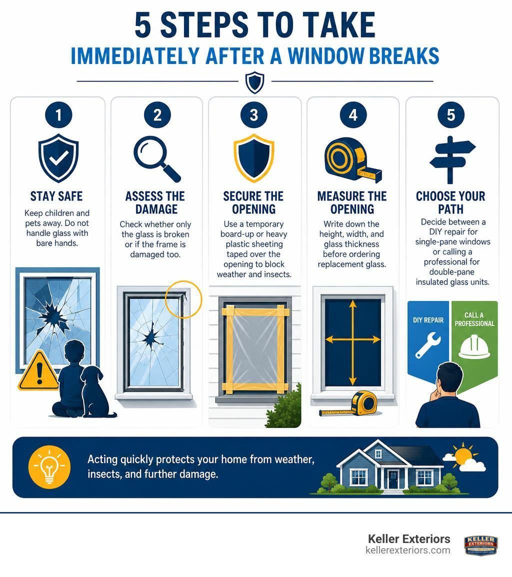 Steps to take immediately after a window breaks, from safety to securing the opening infographic Steps to take immediately after a window breaks, from safety to securing the opening infographic