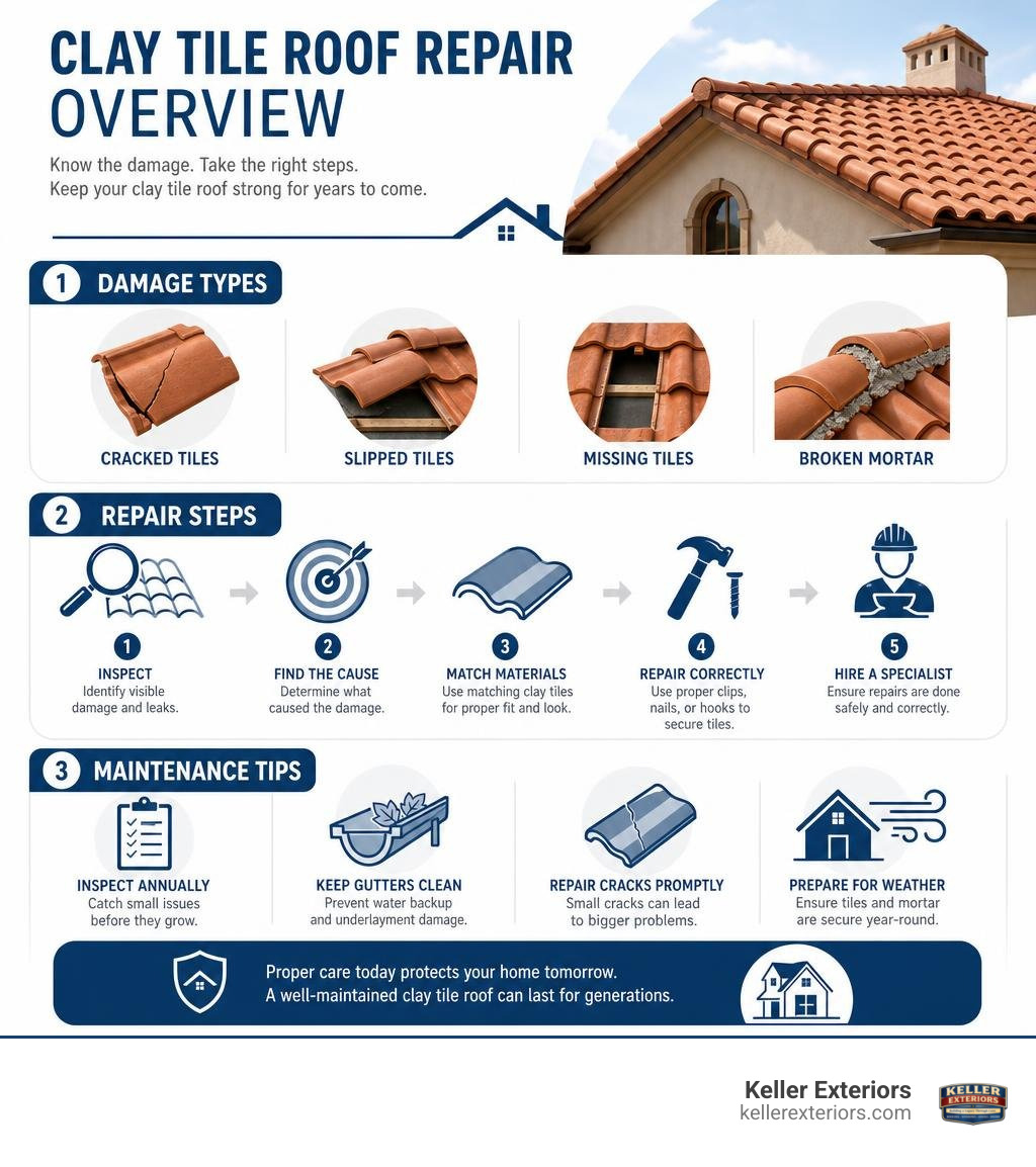Clay tile roof repair overview infographic showing damage types, repair steps, and maintenance tips infographic