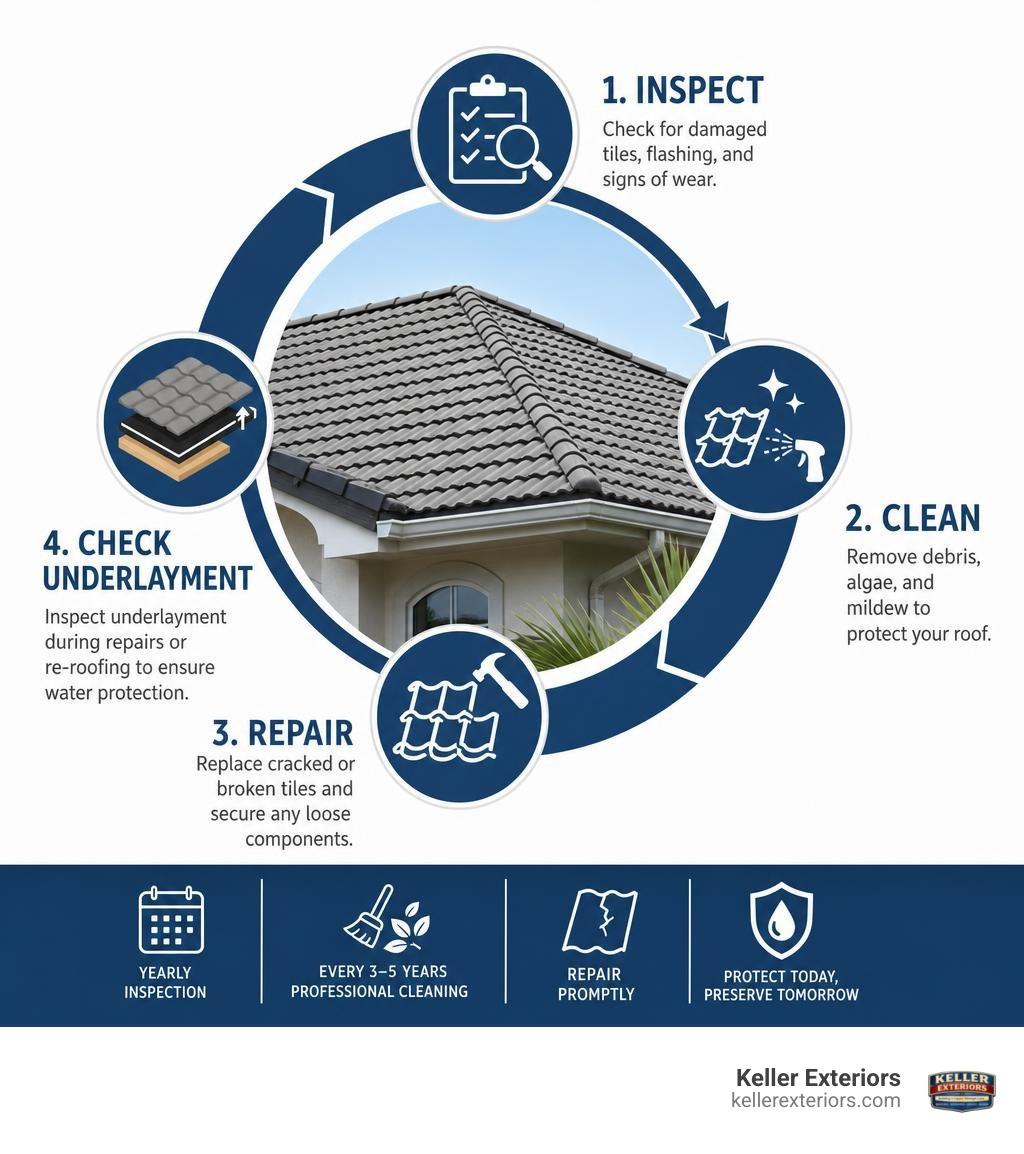 Concrete tile roof maintenance lifecycle infographic showing inspection, cleaning, repair, and underlayment check steps