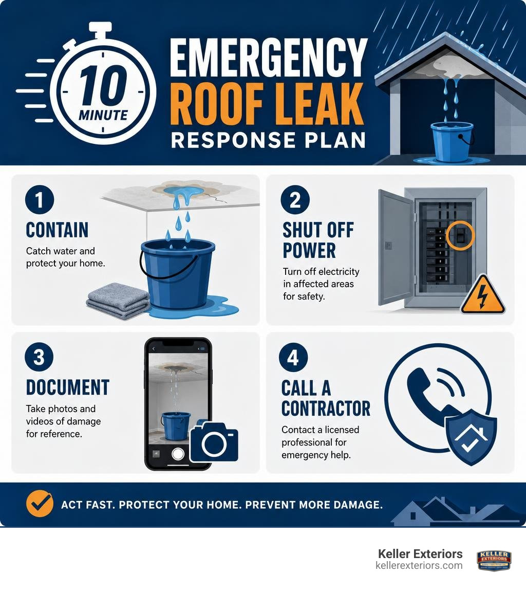 10-minute emergency roof leak response plan with steps for containment, power shutoff, documentation, and calling a 10-minute emergency roof leak response plan with steps for containment, power shutoff, documentation, and calling a