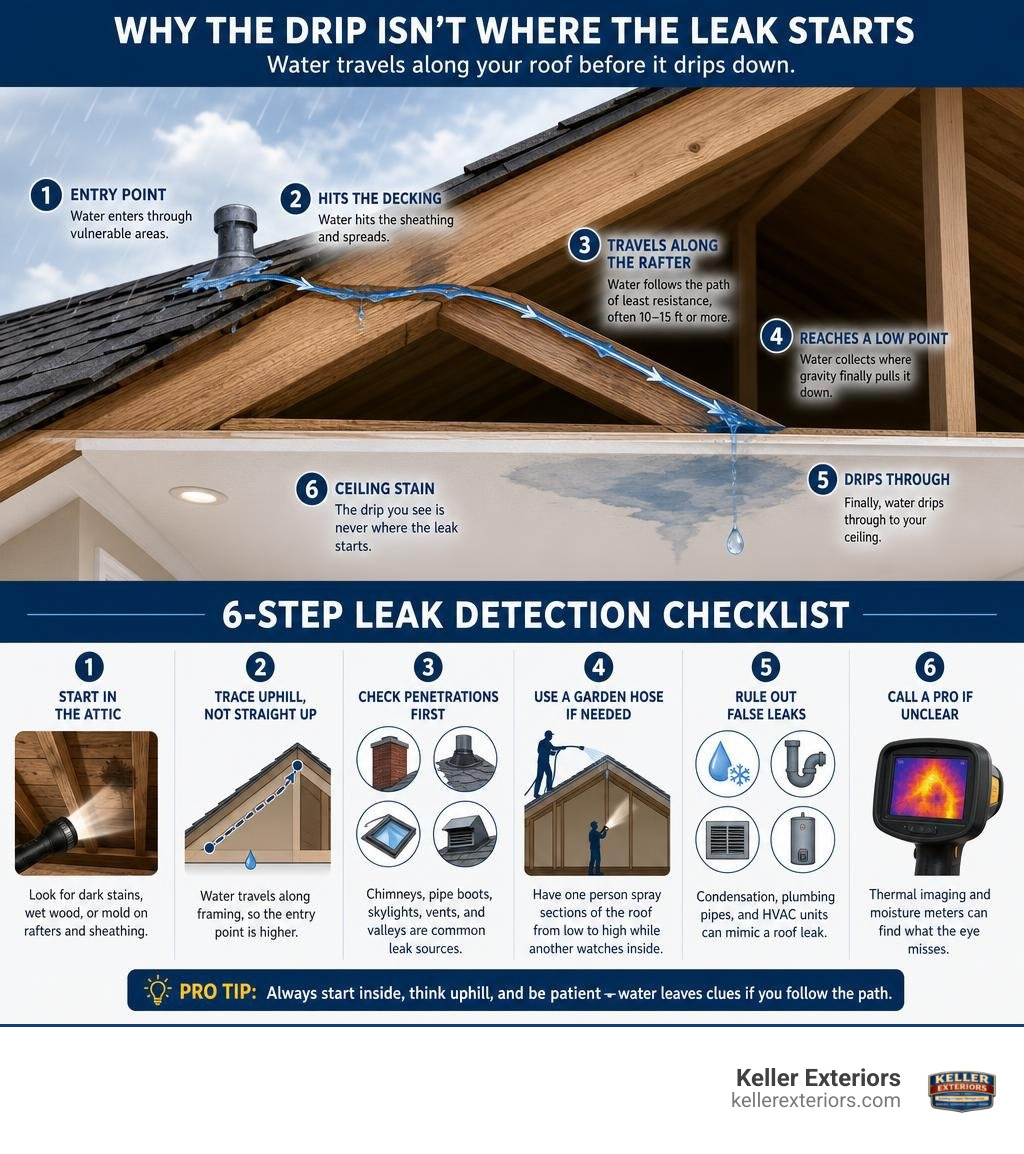 Infographic showing how water travels from roof entry point along rafters to ceiling drip location, with 6-step leak Infographic showing how water travels from roof entry point along rafters to ceiling drip location, with 6-step leak