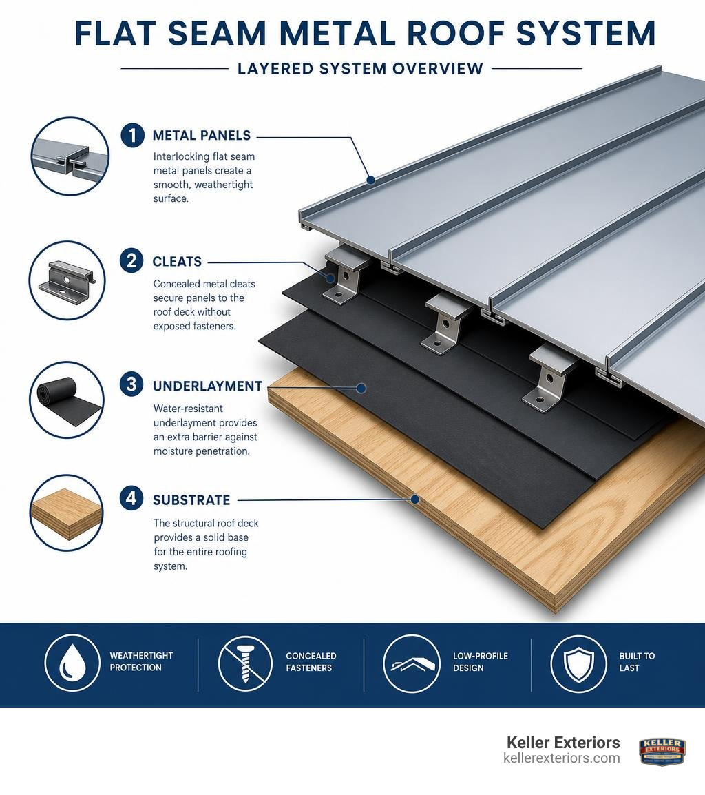 flat seam metal roof system layers infographic showing panels, cleats, underlayment, and substrate infographic flat seam metal roof system layers infographic showing panels, cleats, underlayment, and substrate infographic