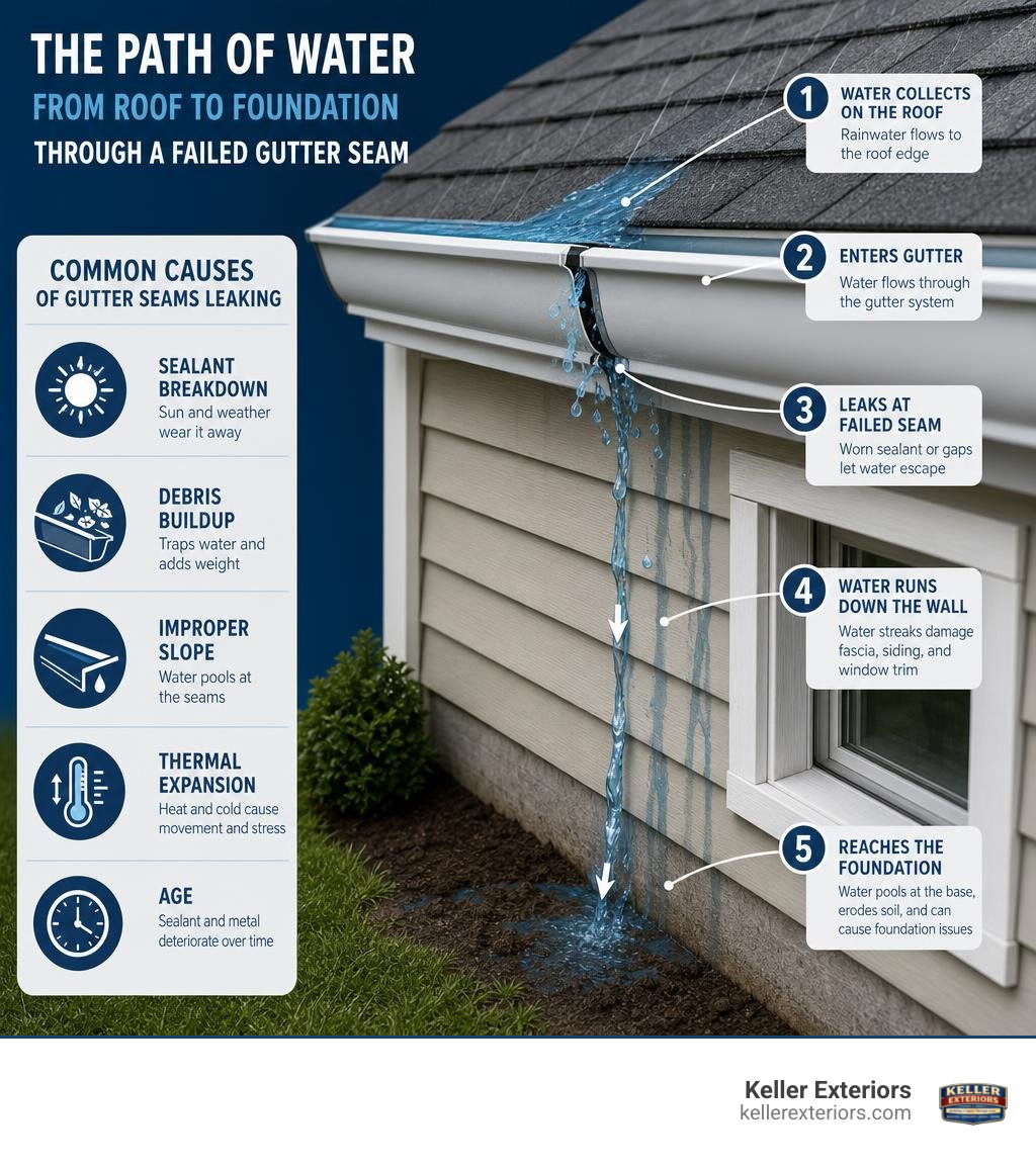Infographic showing path of water from roof to foundation through failed gutter seam and causes of leaking infographic