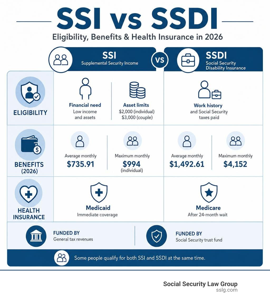 Infographic comparing SSI vs SSDI eligibility, benefits, and health insurance in 2026 infographic Infographic comparing SSI vs SSDI eligibility, benefits, and health insurance in 2026 infographic