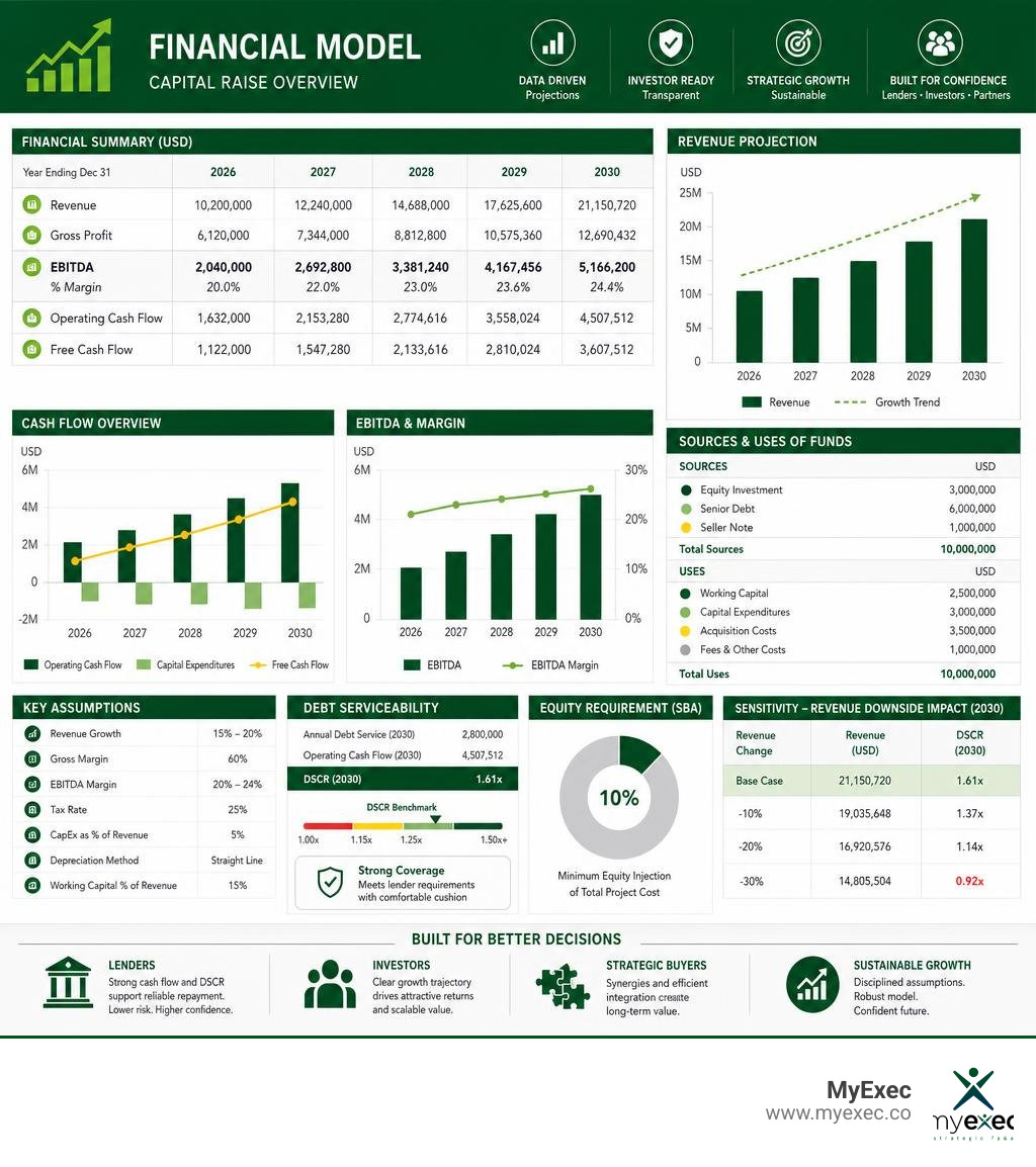 A detailed financial model spreadsheet showing revenue projections, cash flow, EBITDA, assumptions, and charts for a capital A detailed financial model spreadsheet showing revenue projections, cash flow, EBITDA, assumptions, and charts for a capital
