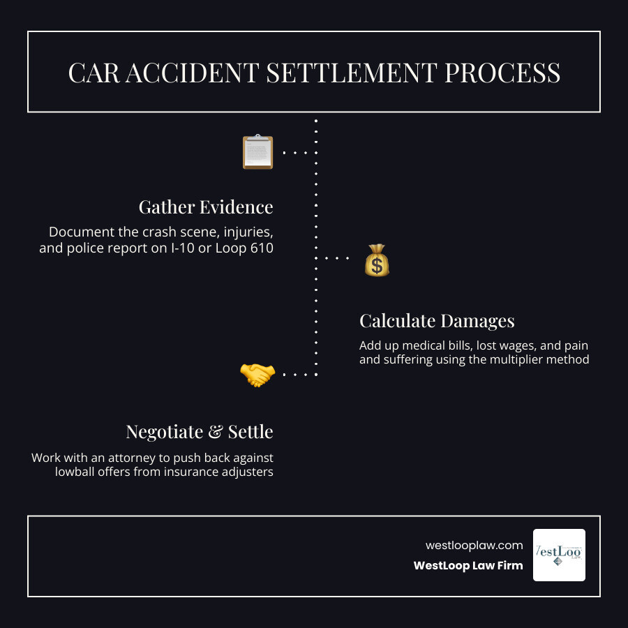 Car accident settlement process steps from crash to compensation in Houston infographic Car accident settlement process steps from crash to compensation in Houston infographic